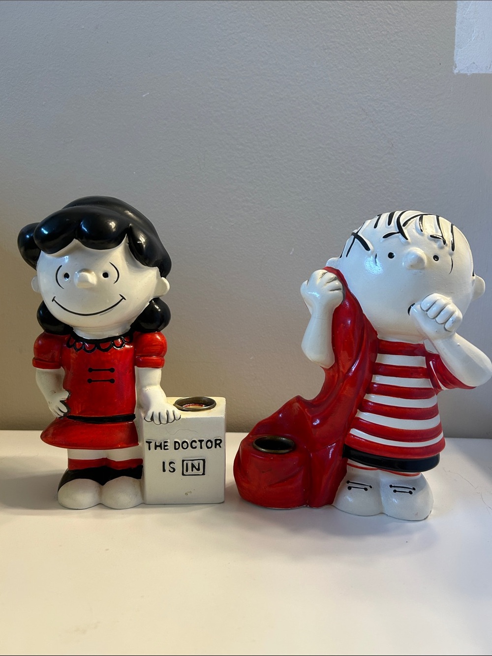 Peanuts Lucy and Linus Red Ceramic Figurine Candle Holders